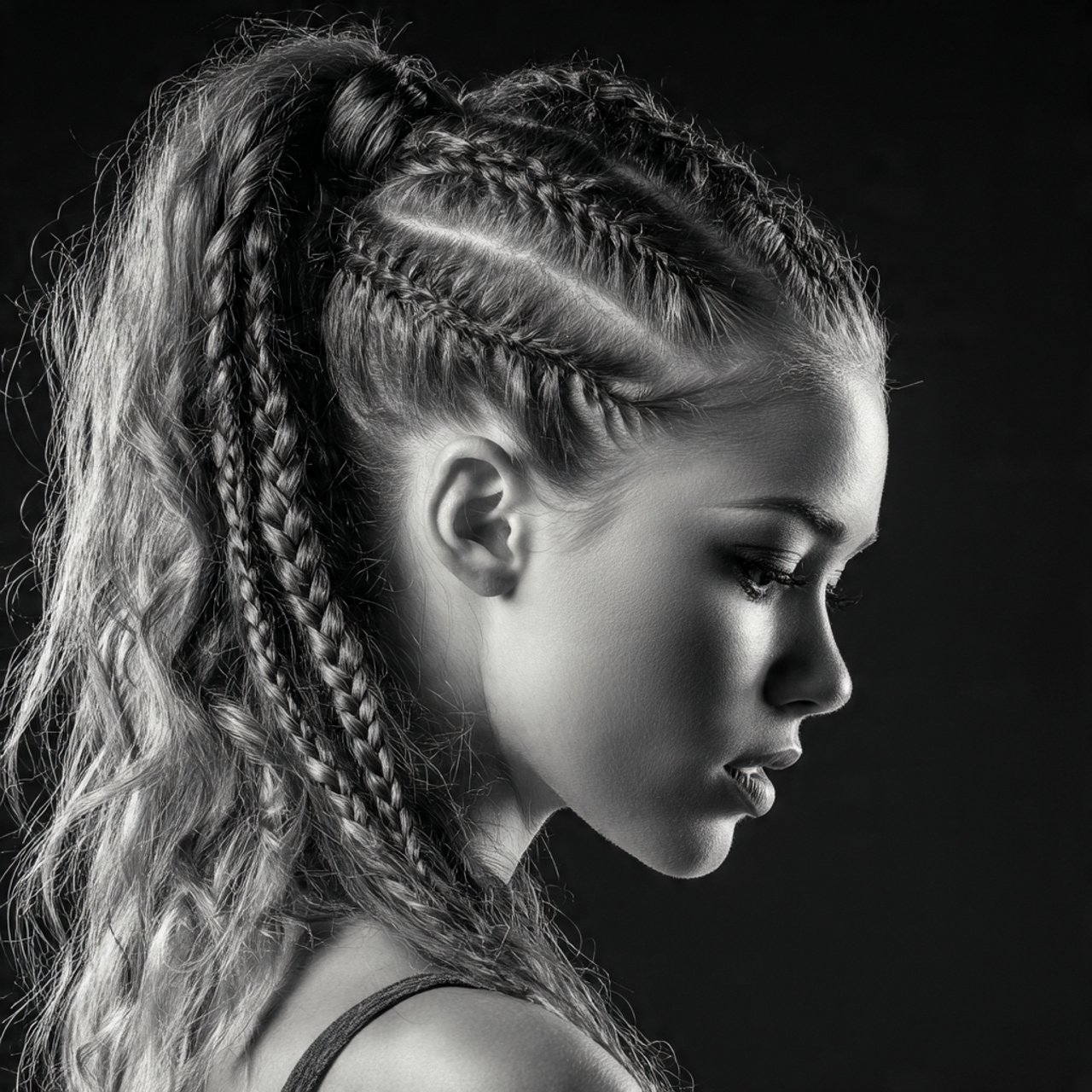 high ponytail with braids hairstyle detailed hair