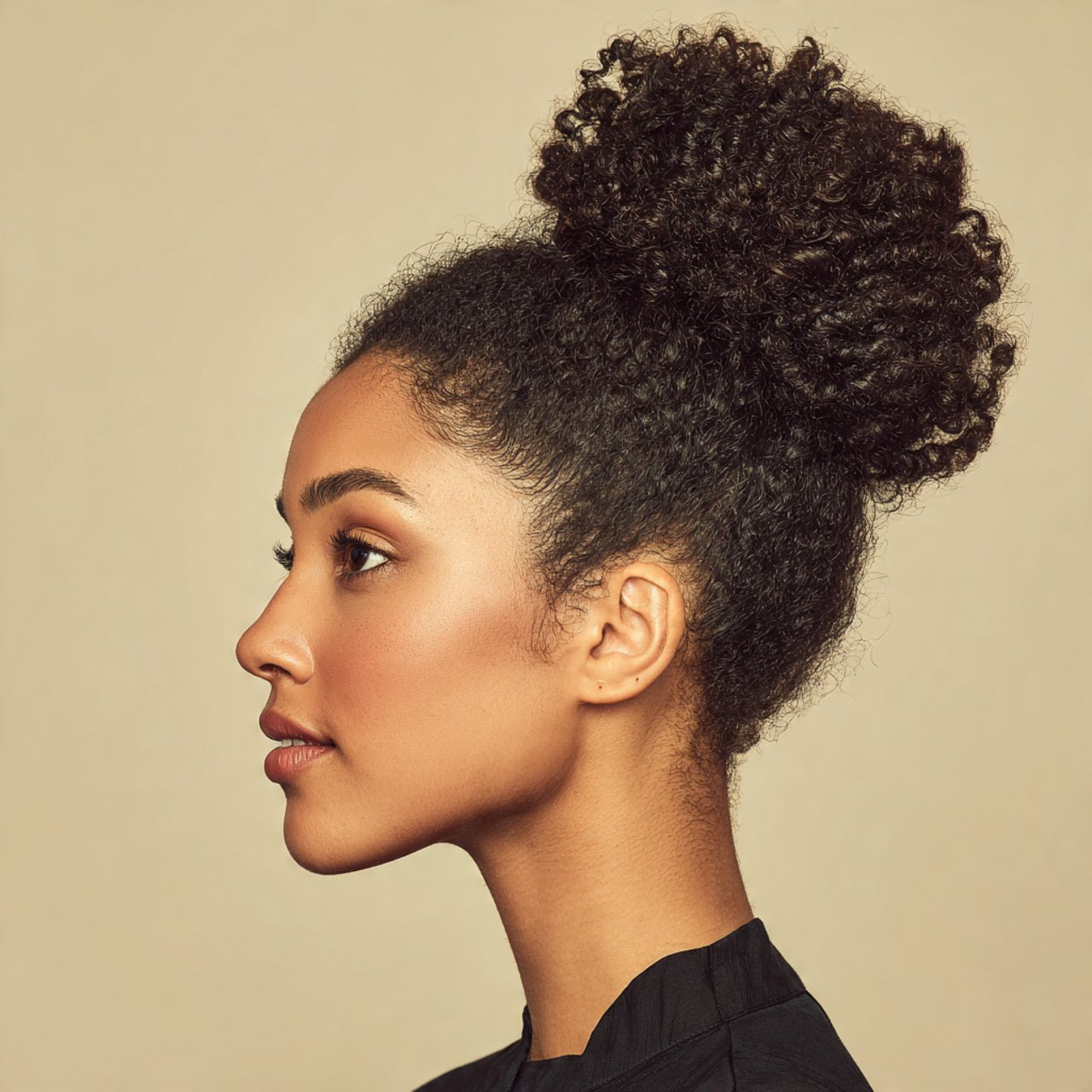 high puff bun hairstyle on a woman single portrait