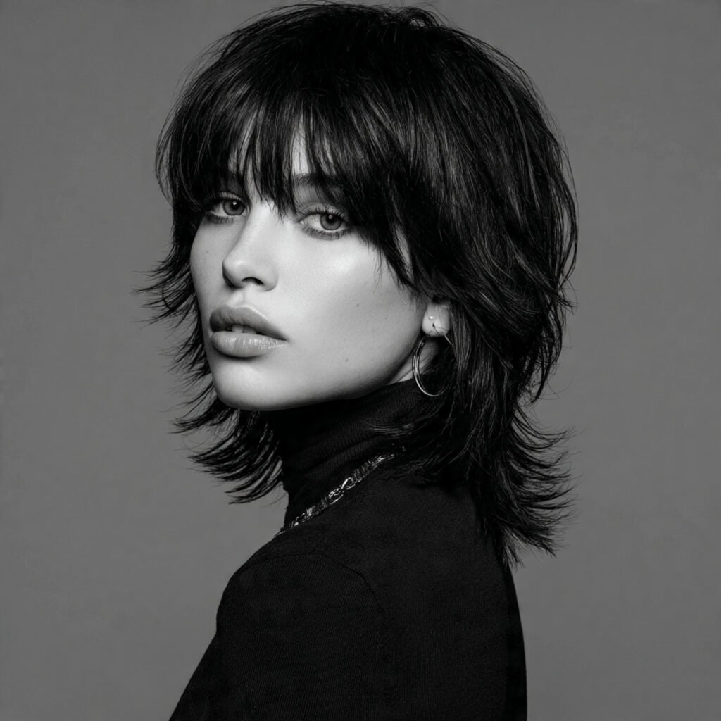 layered wolf cut hairstyle with bangs single portr