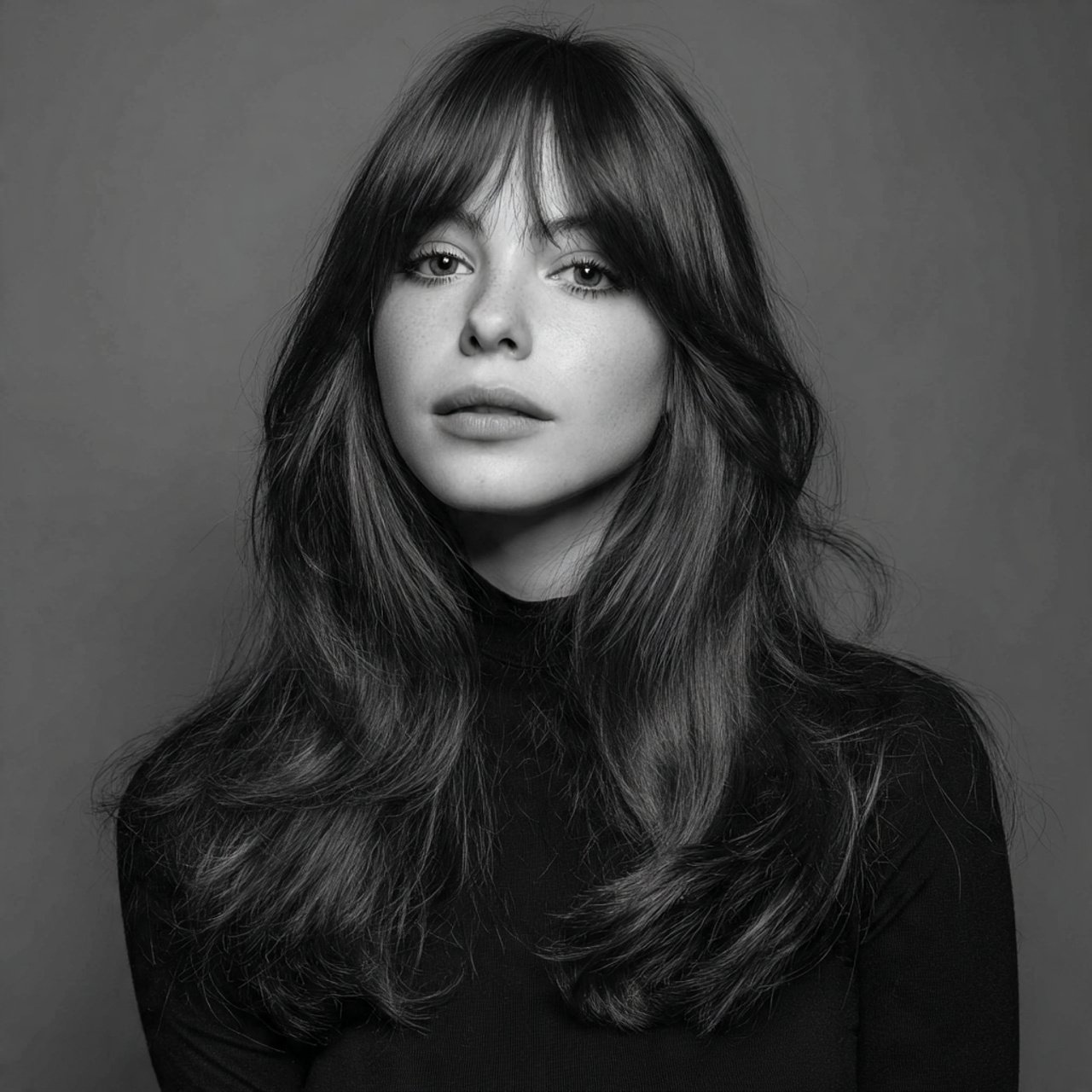 long curtain bangs haircut on a woman single portr
