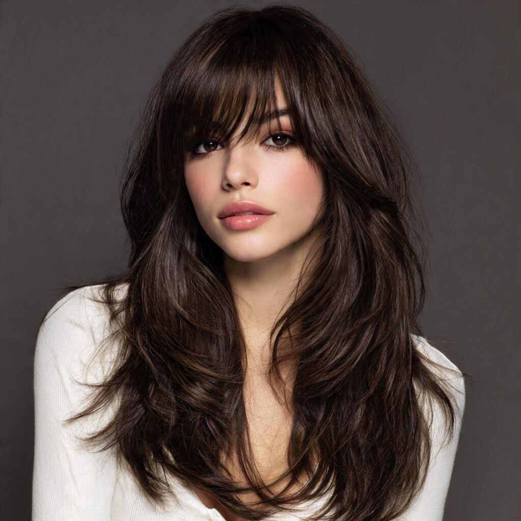 long layered curtain bangs hairstyle single portra