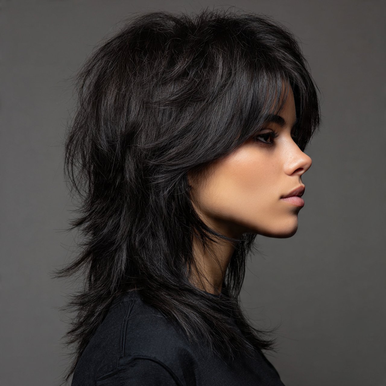 long wolf cut hairstyle on a girl single portrait
