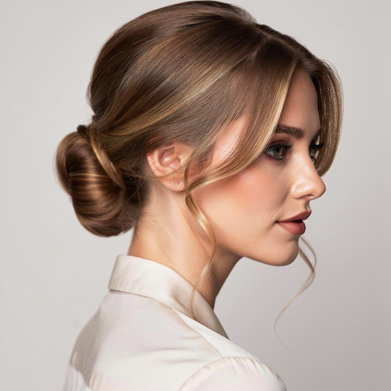 low bun prom hairstyle with face framing layers sq