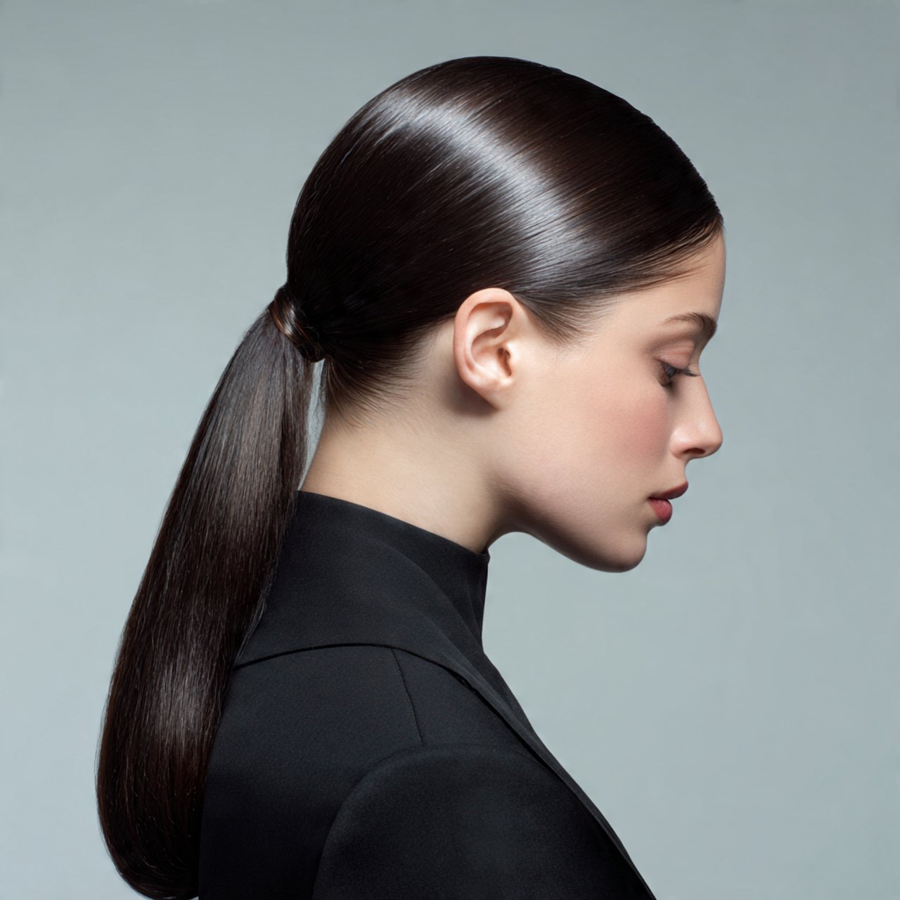 low sleek ponytail hairstyle single portrait hair