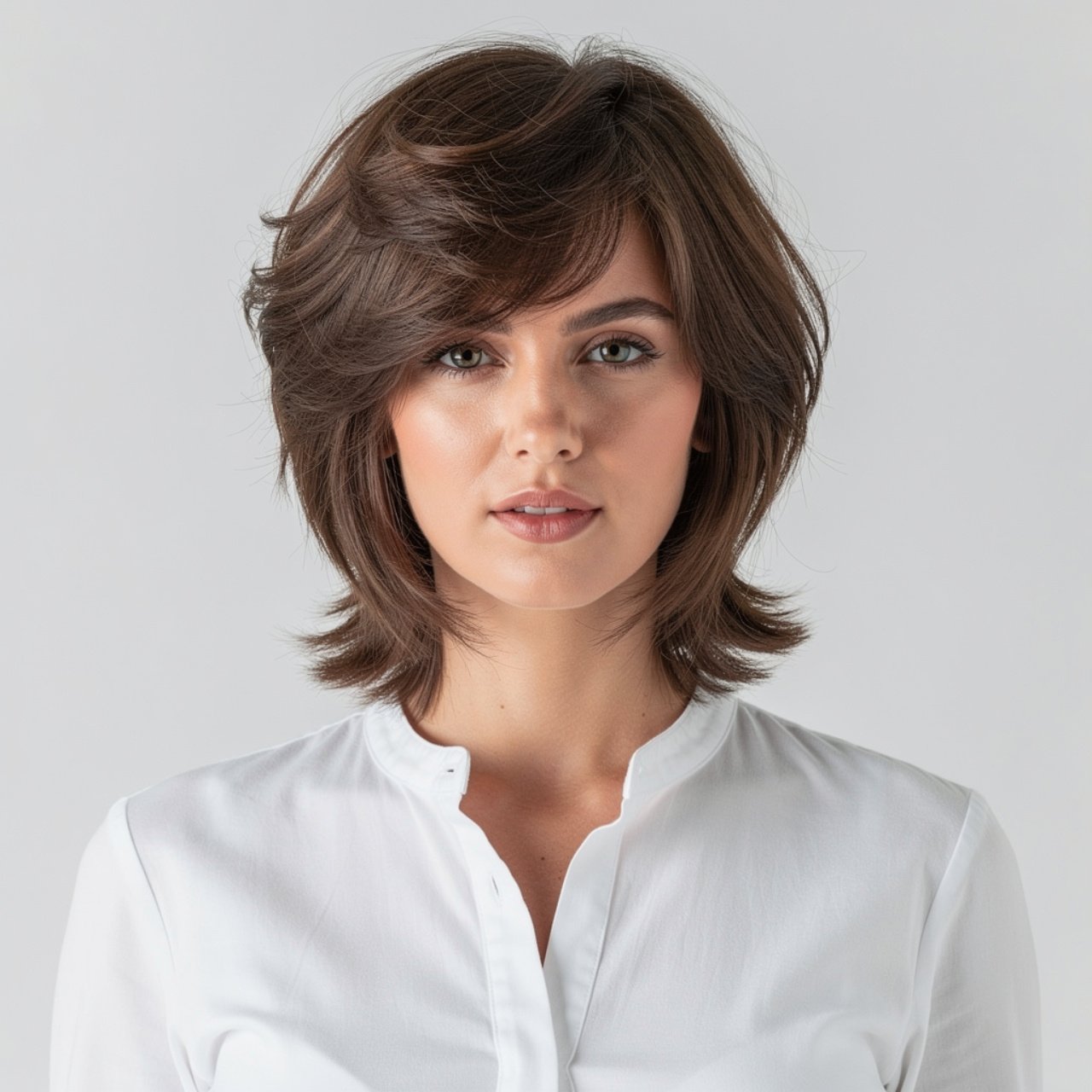 medium length wolf cut hairstyle with prominent vo