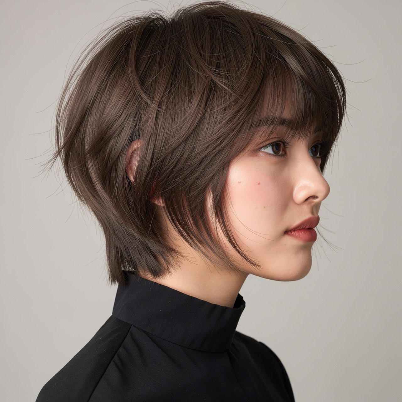 medium wolf cut hairstyle with wispy bangs wearing
