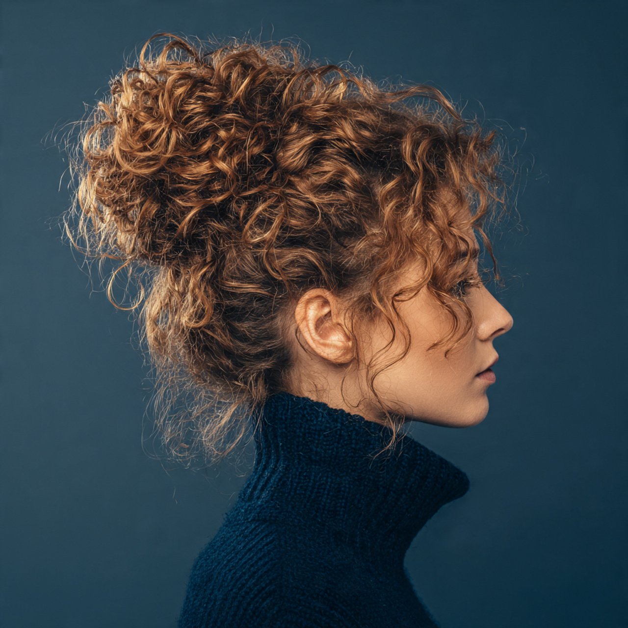messy curly bun hairstyle single photo detailed cu