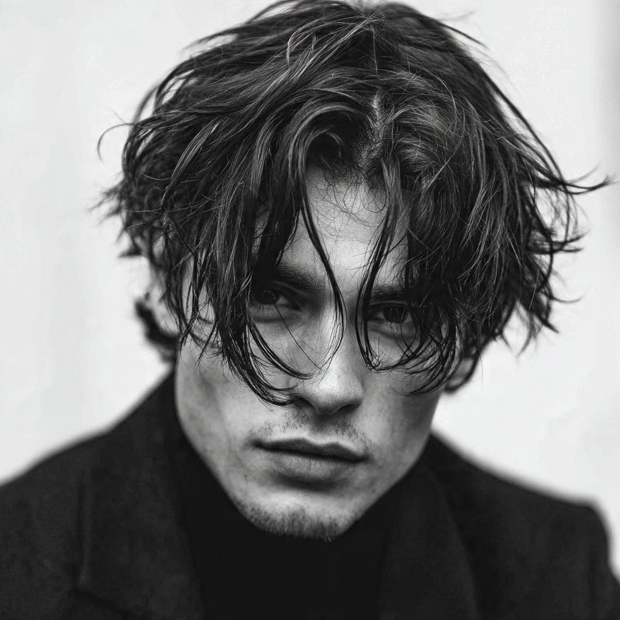 messy curtain bangs mens hairstyle single portrait