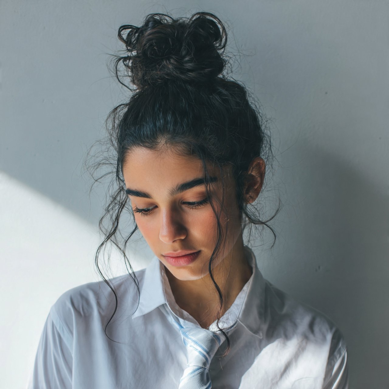 messy high bun hairstyle for a school girl single