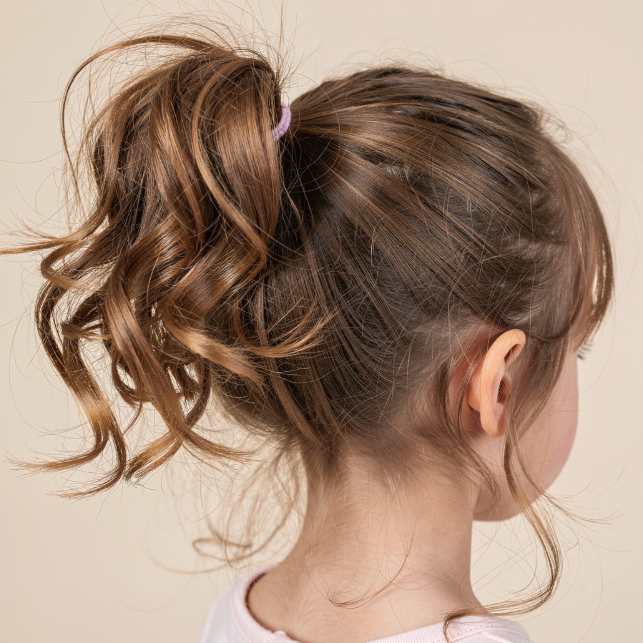 messy ponytail hairstyle on a child close up focus