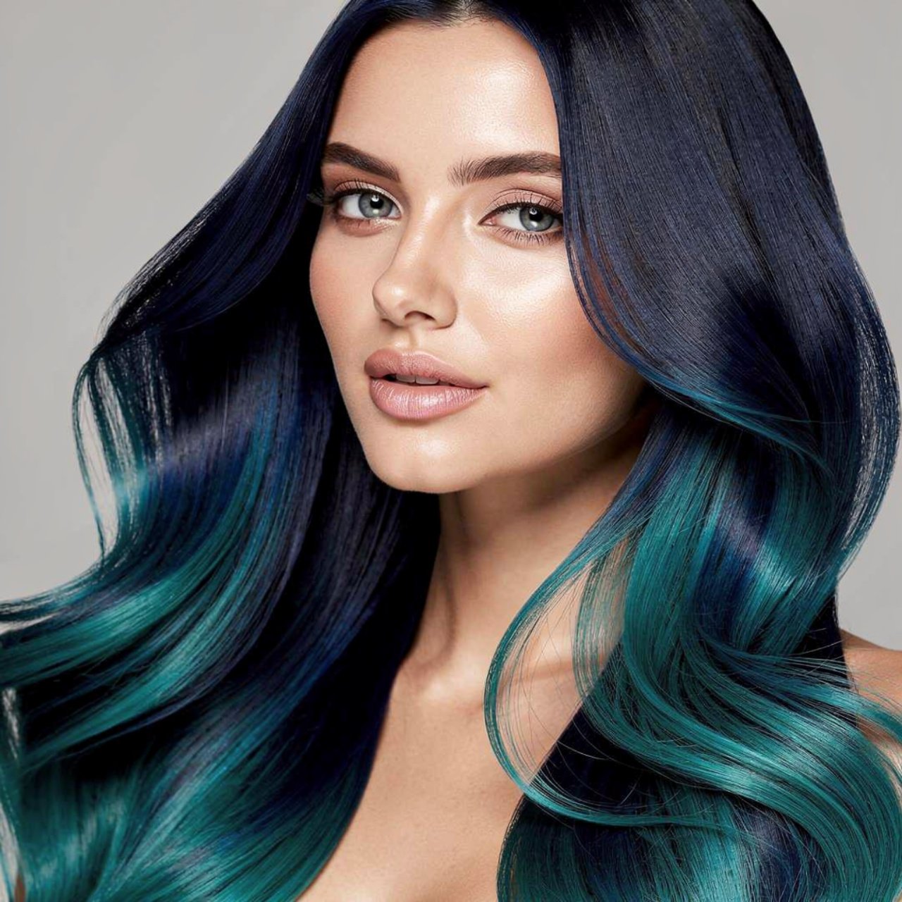 navy blue to teal ombre hair color single portrait