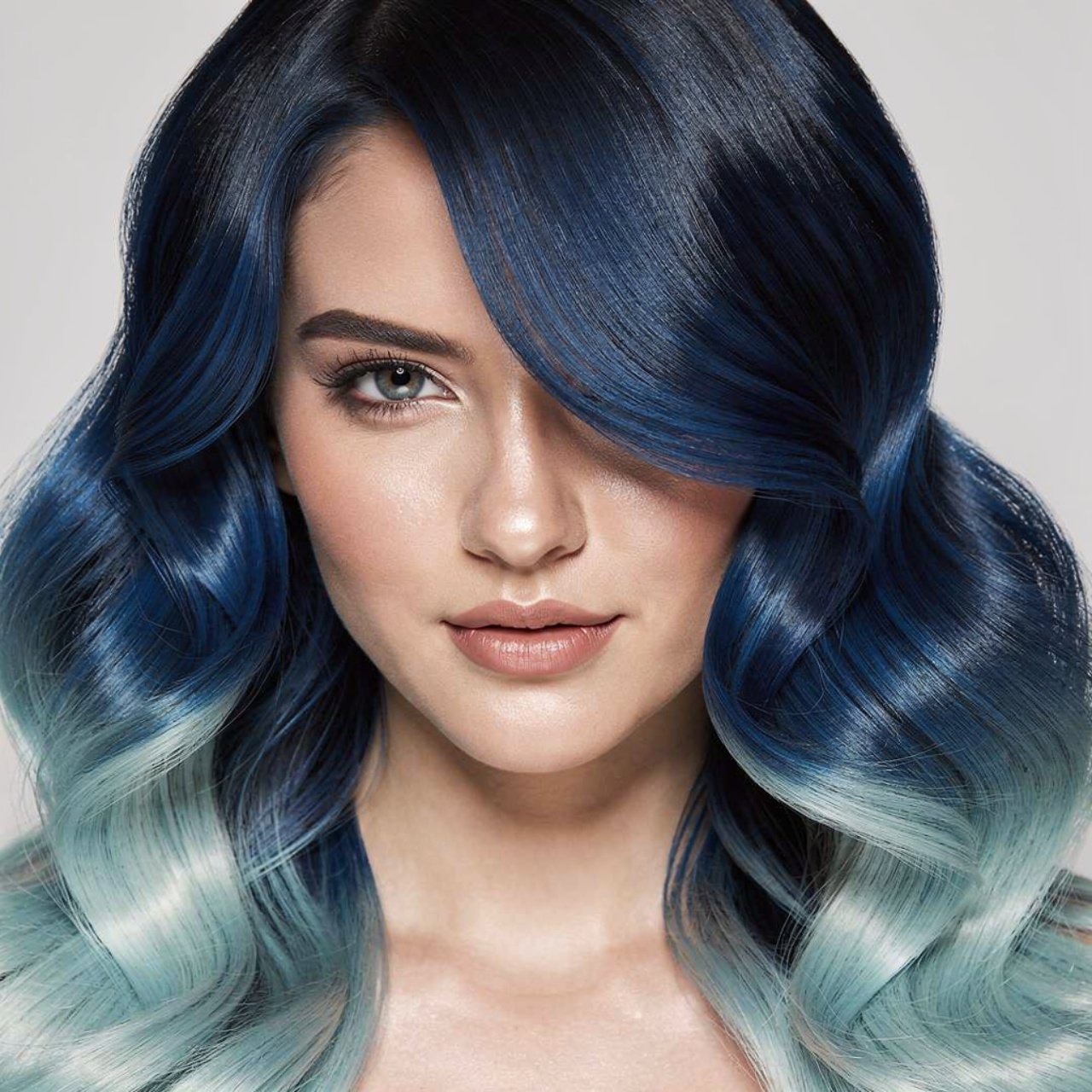 ocean ombre blue hair color single portrait showin