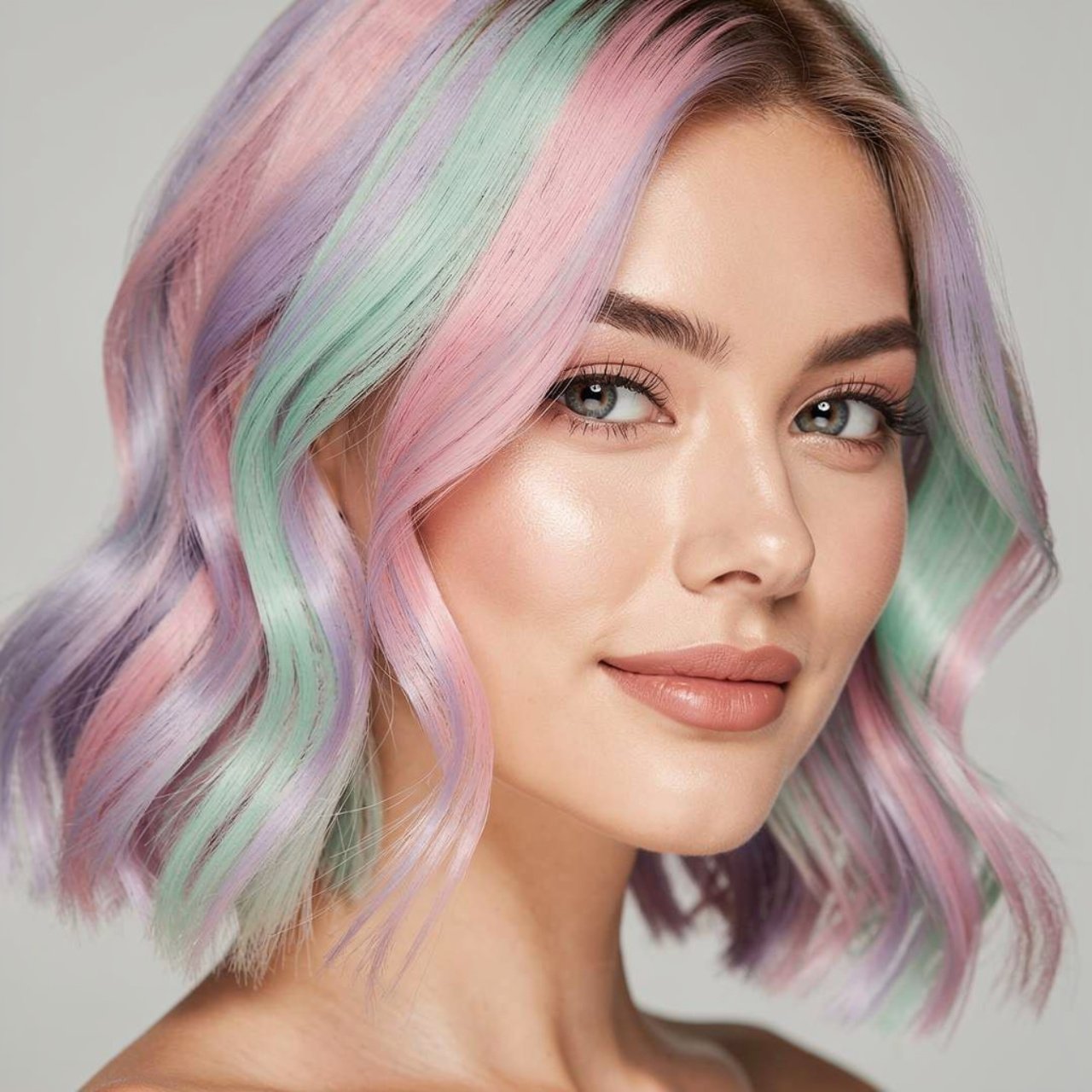 pastel multi tone peekaboo hair color on a woman s