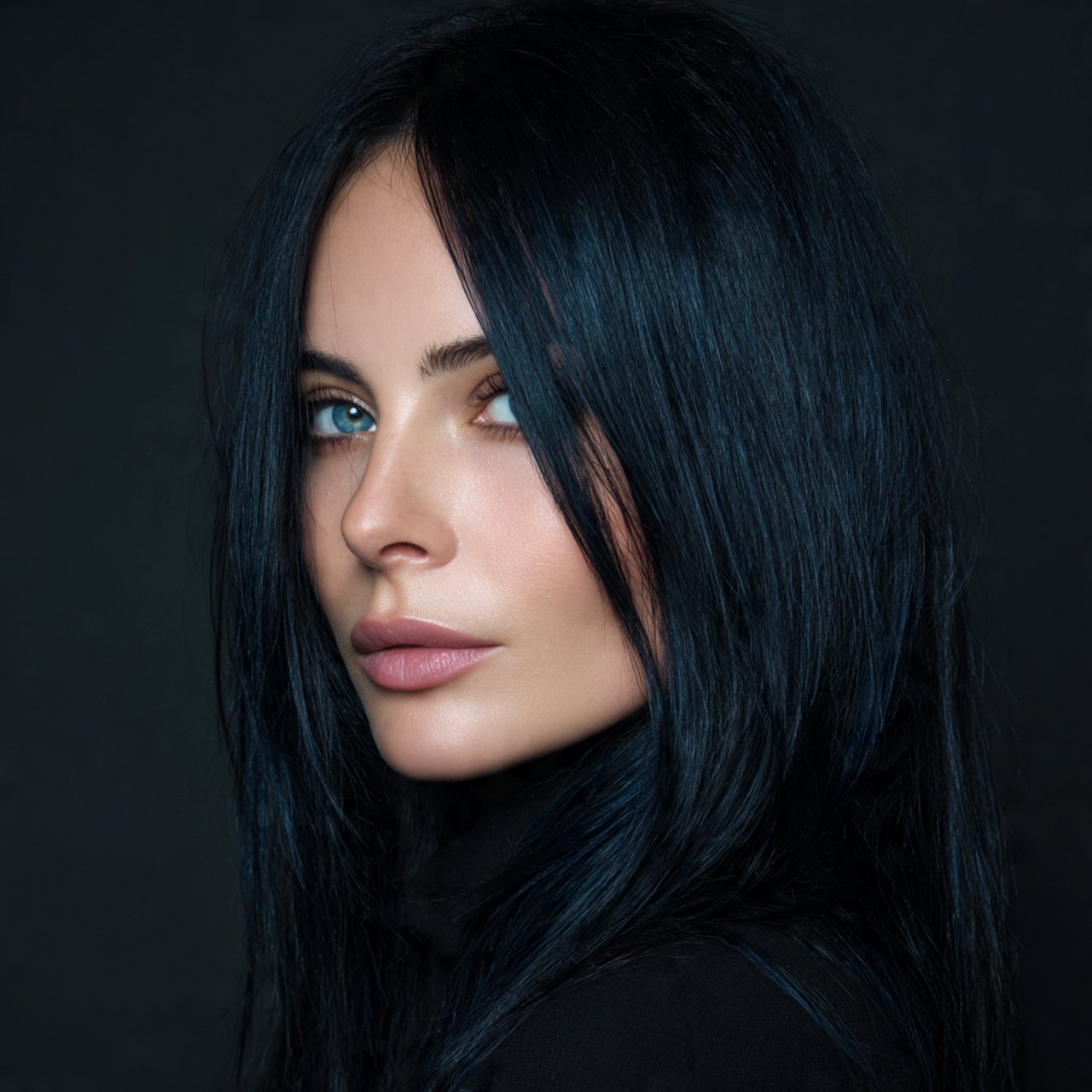 portrait of a brunette woman with blue black hair