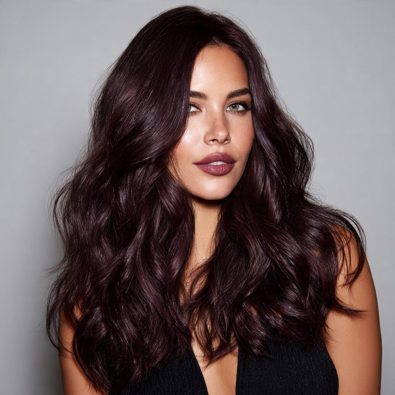 portrait of a brunette woman with rich burgundy ha
