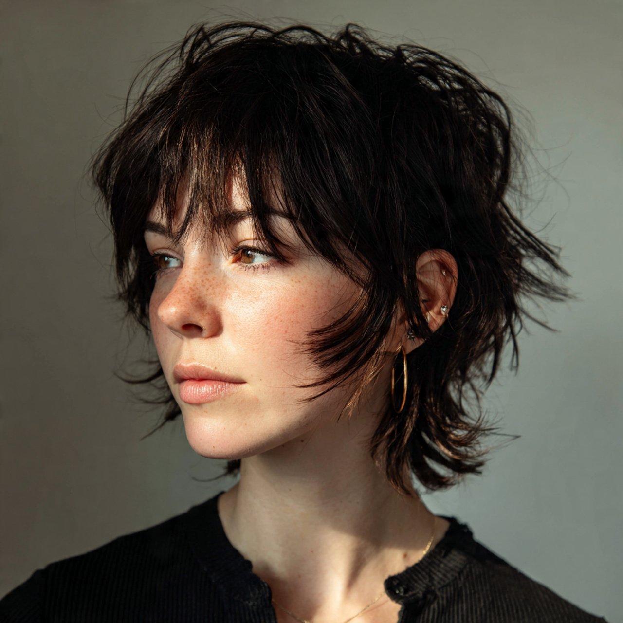 portrait of a person with a messy short wolf cut h