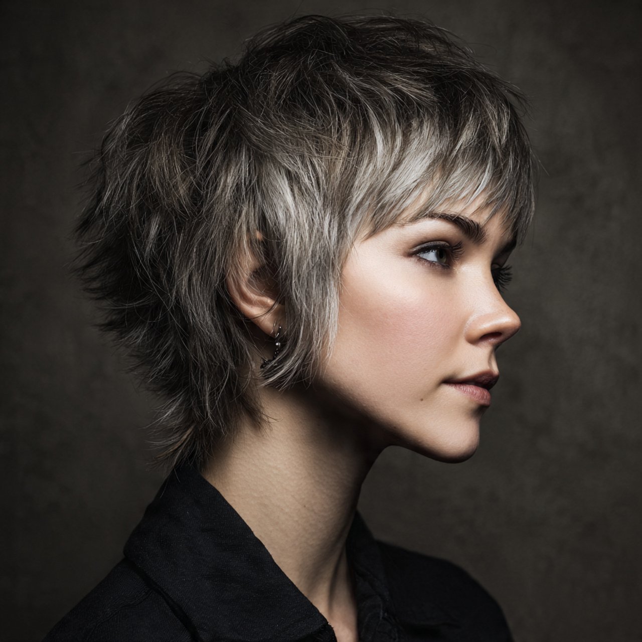 portrait of a person with a short soft wolf cut ha
