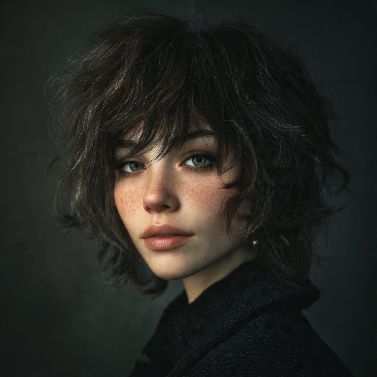 portrait of a person with a soft wolf cut hairstyl