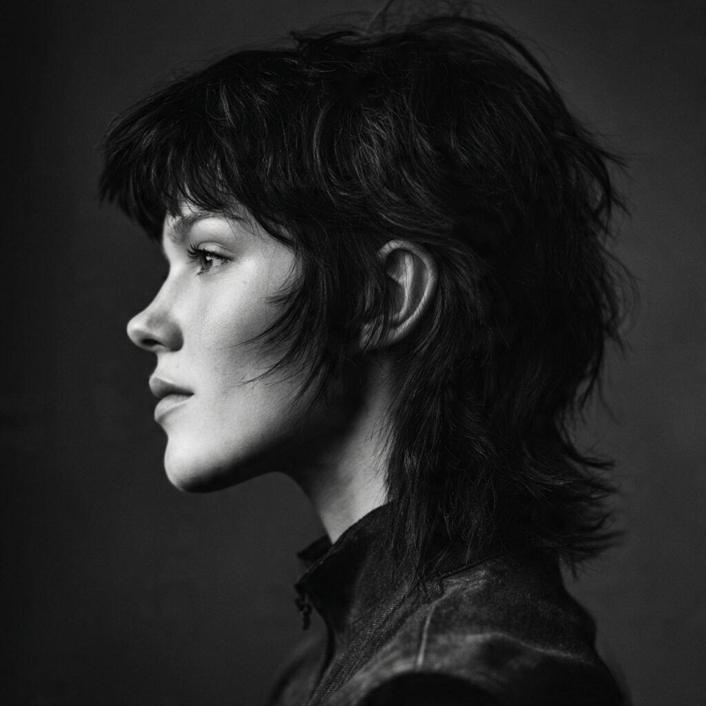 portrait of a person with a wolf cut hairstyle and