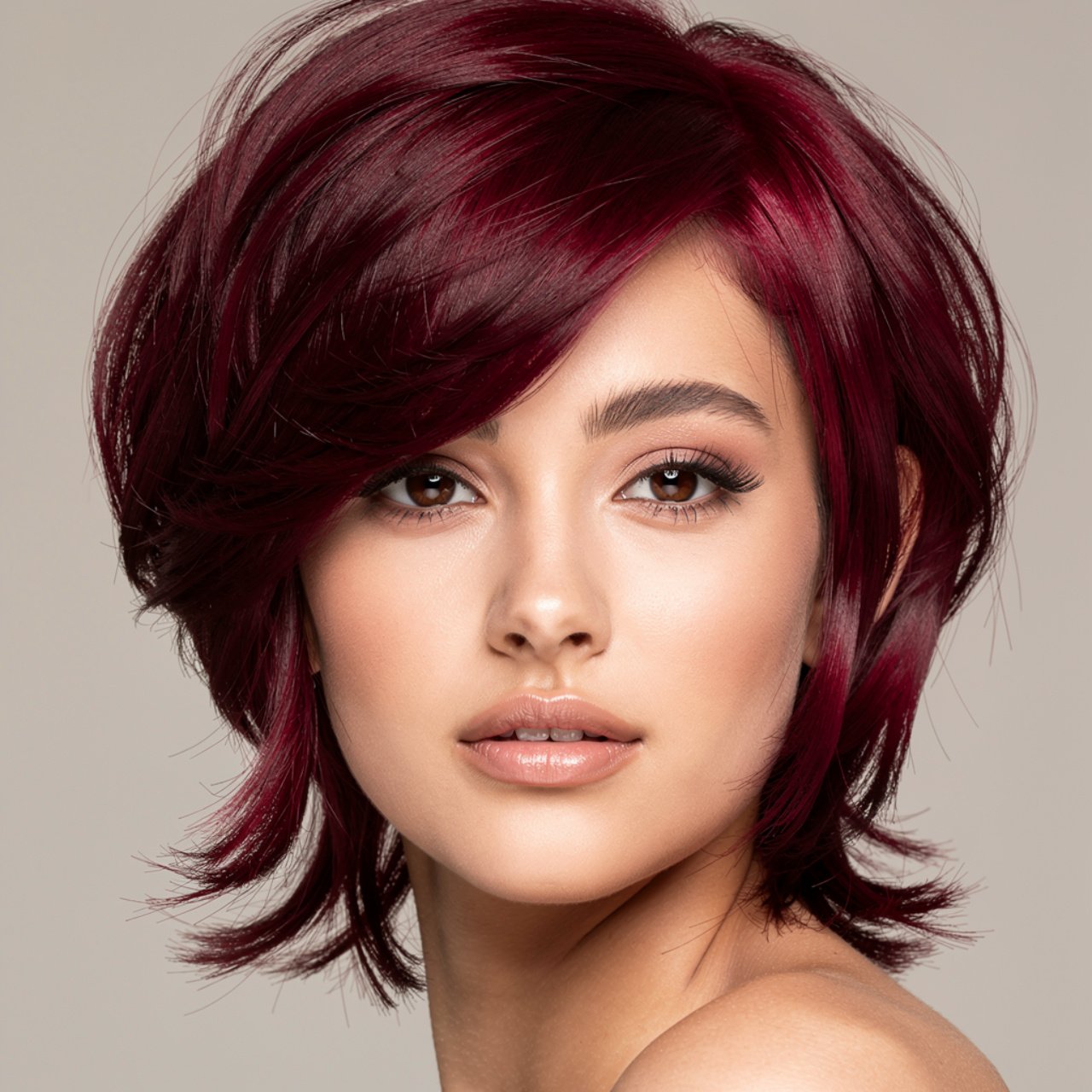 portrait of a person with black cherry colored hai