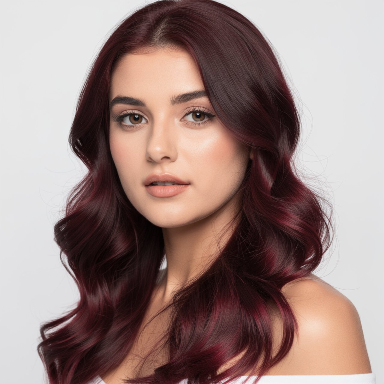 portrait of a person with dark auburn hair with bu