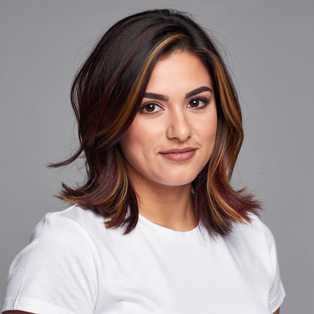 portrait of a person with dark mahogany hair with