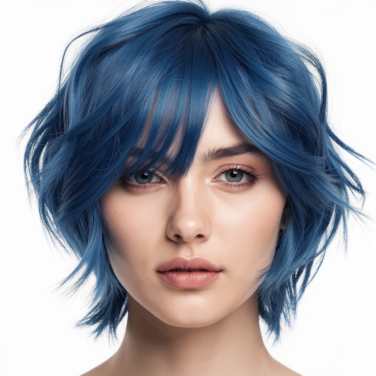 portrait of a person with denim blue hair color si