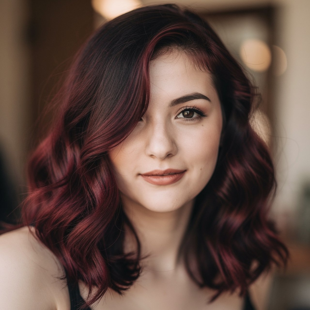 portrait of a person with faded black cherry hair