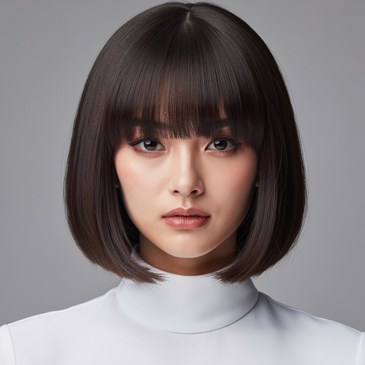 portrait of a person with sleek curtain bangs and