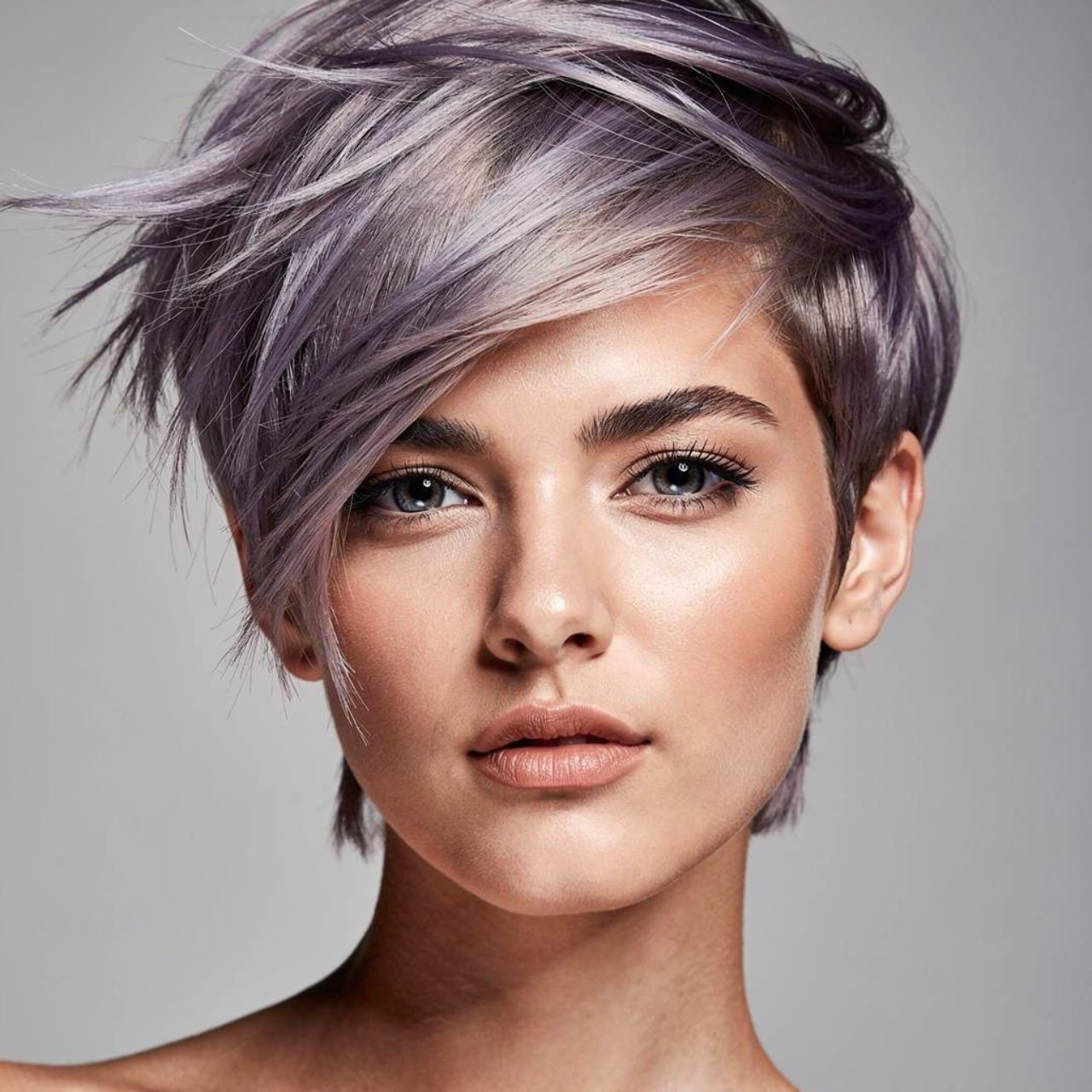 portrait of a person with smoky lavender edgy hair