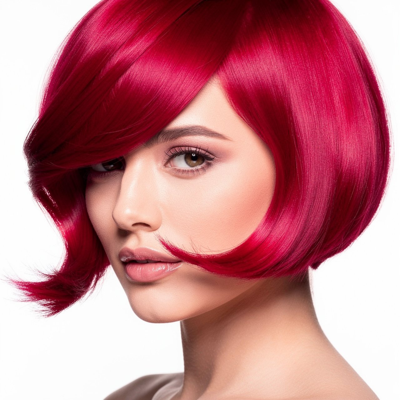 portrait of a person with vibrant magenta red hair