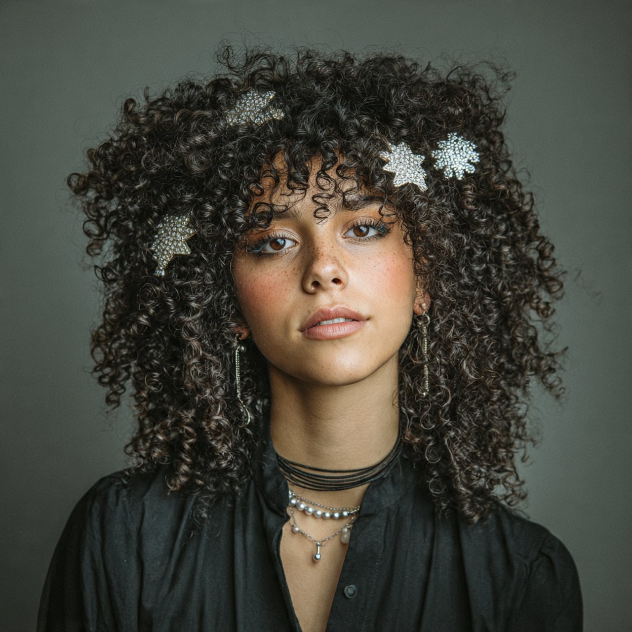portrait of a person with voluminous curly hair st
