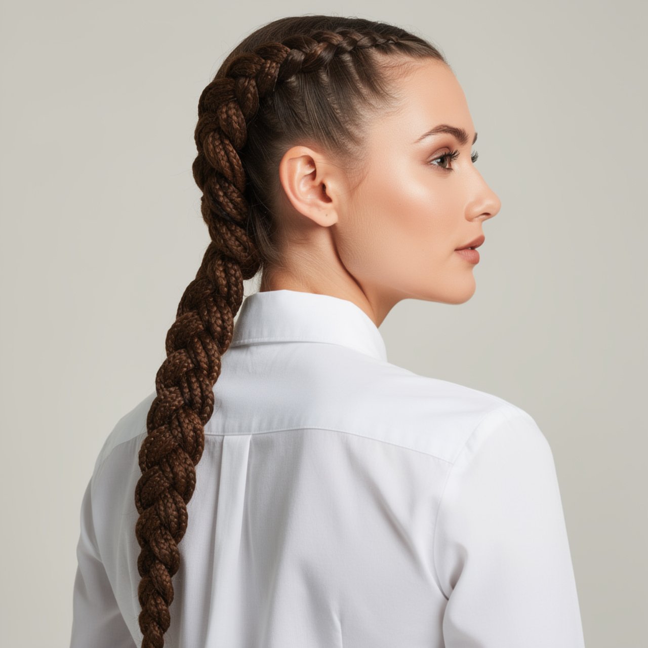 portrait of a woman wearing a full neck shirt show 1