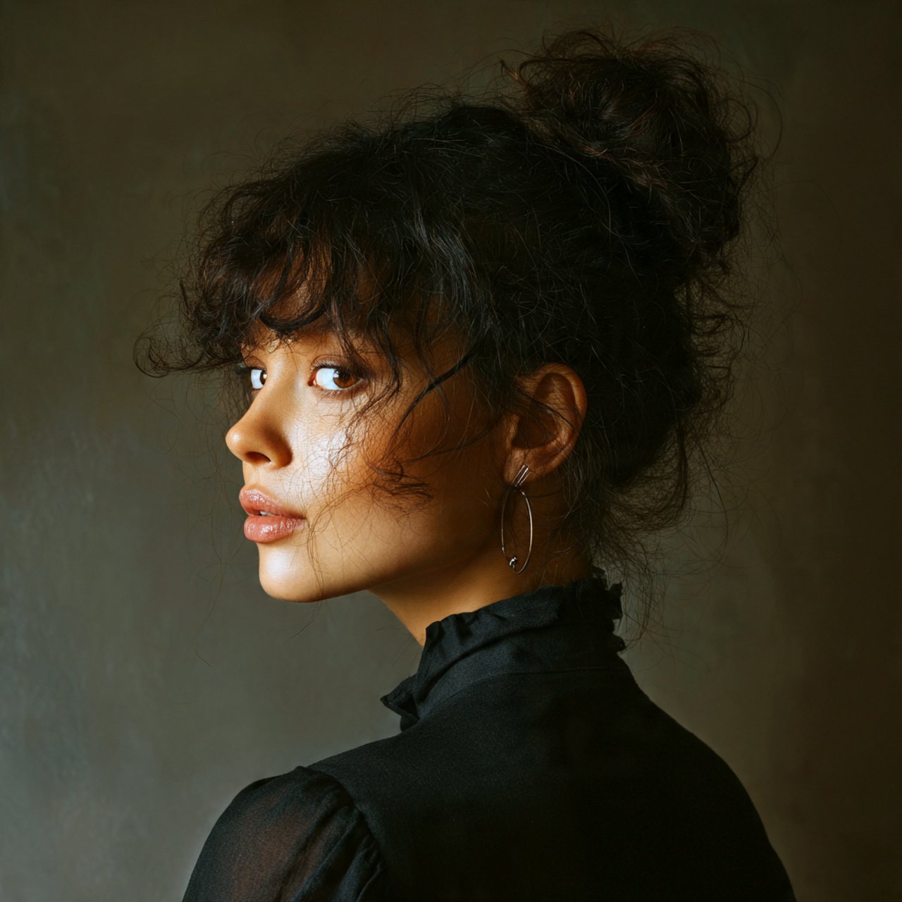 portrait of a woman with a curly bun hairstyle and