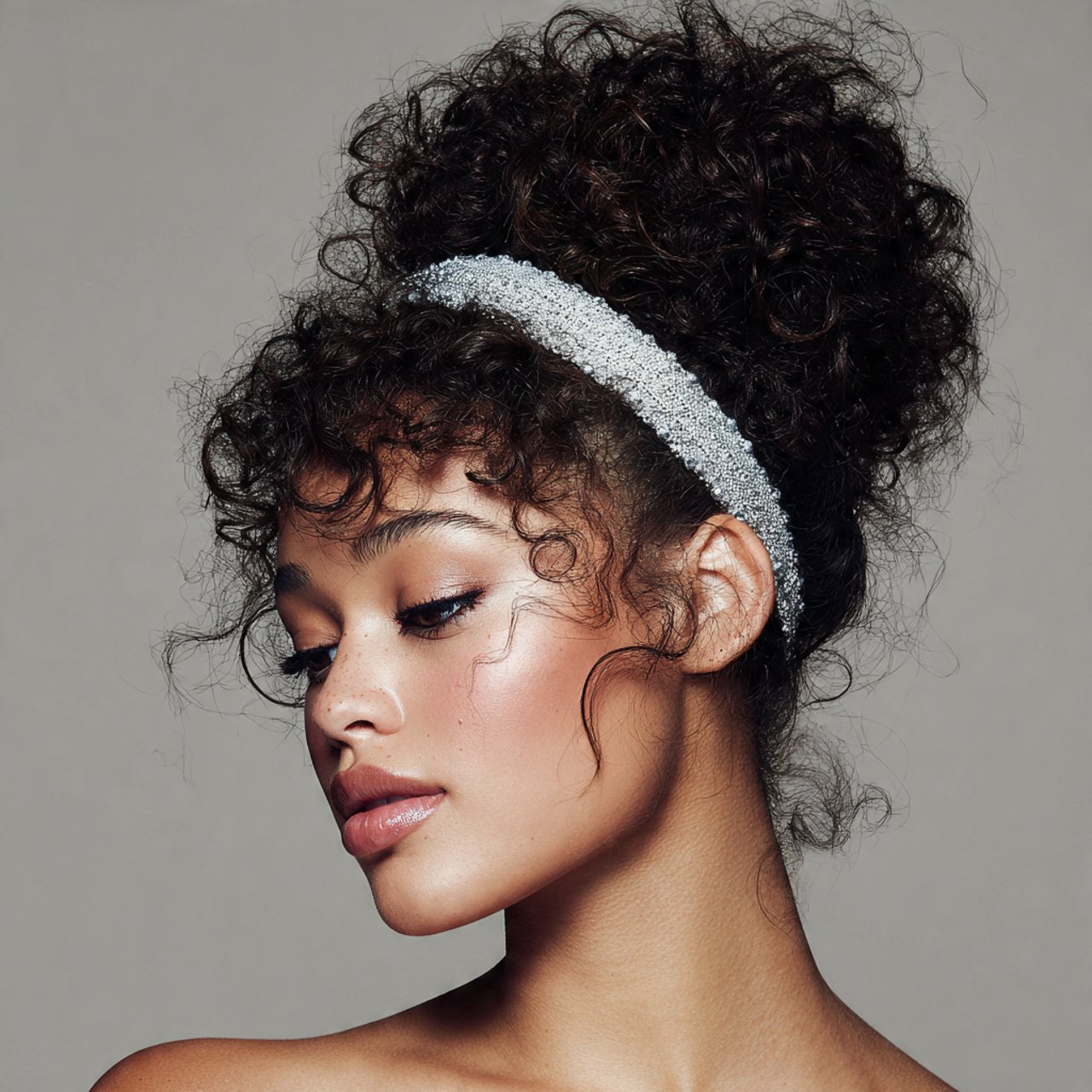 portrait of a woman with a curly updo hairstyle we