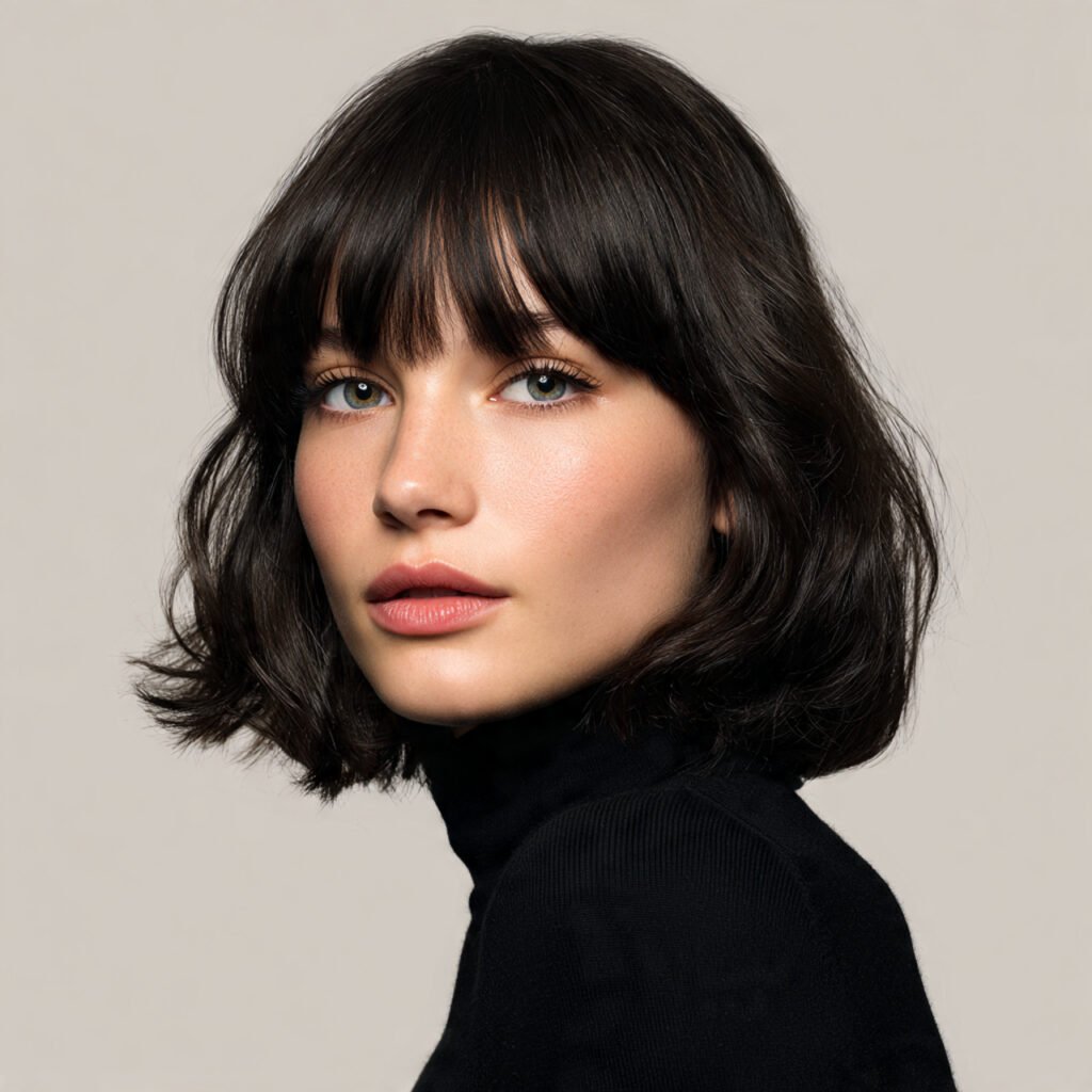 portrait of a woman with a curtain bangs bob hairs