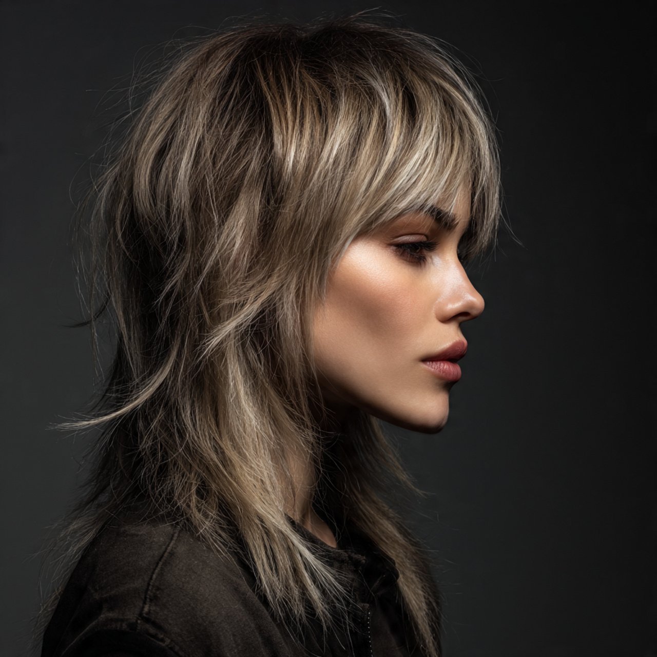 portrait of a woman with a long wolf cut hairstyle