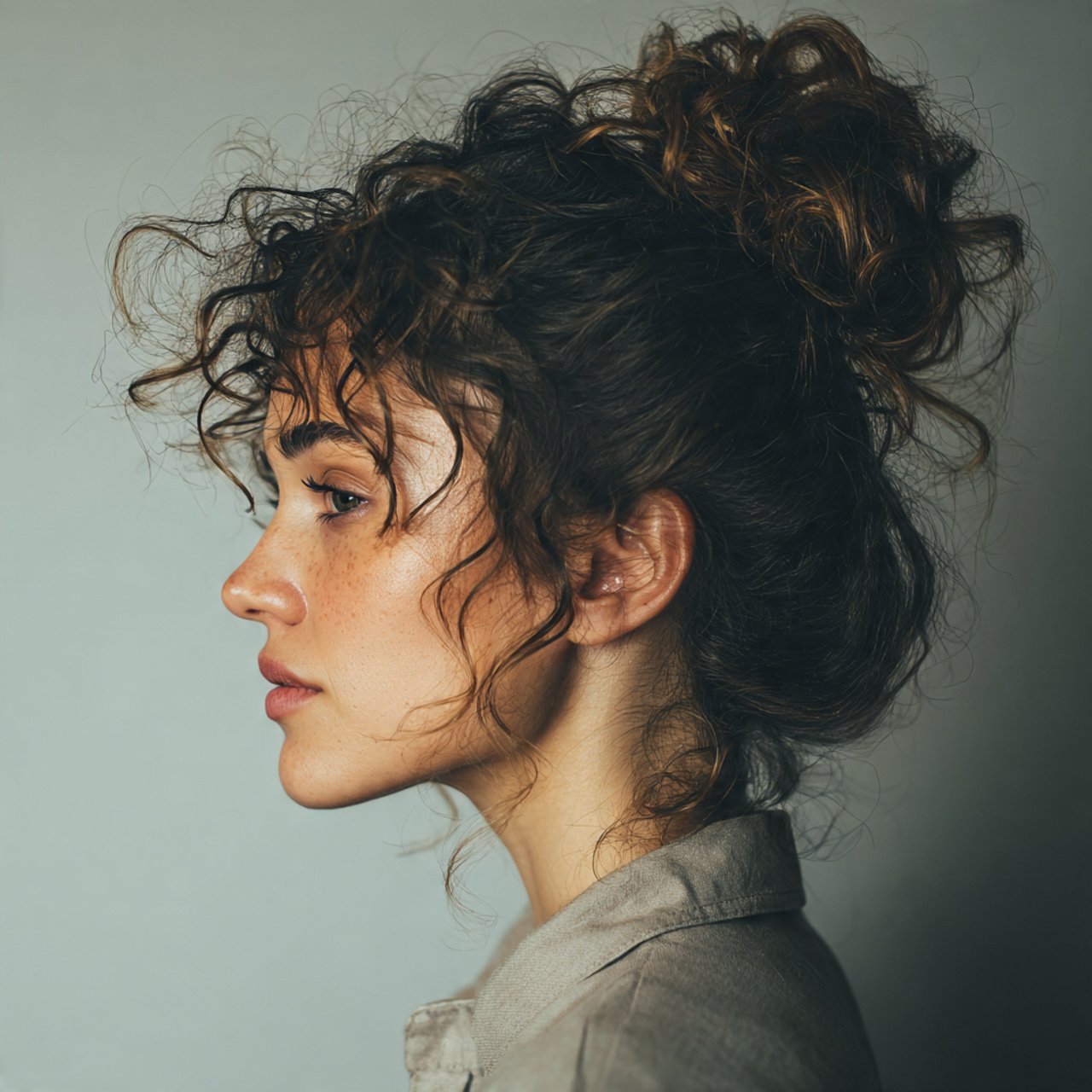 portrait of a woman with a messy curly bun hairsty