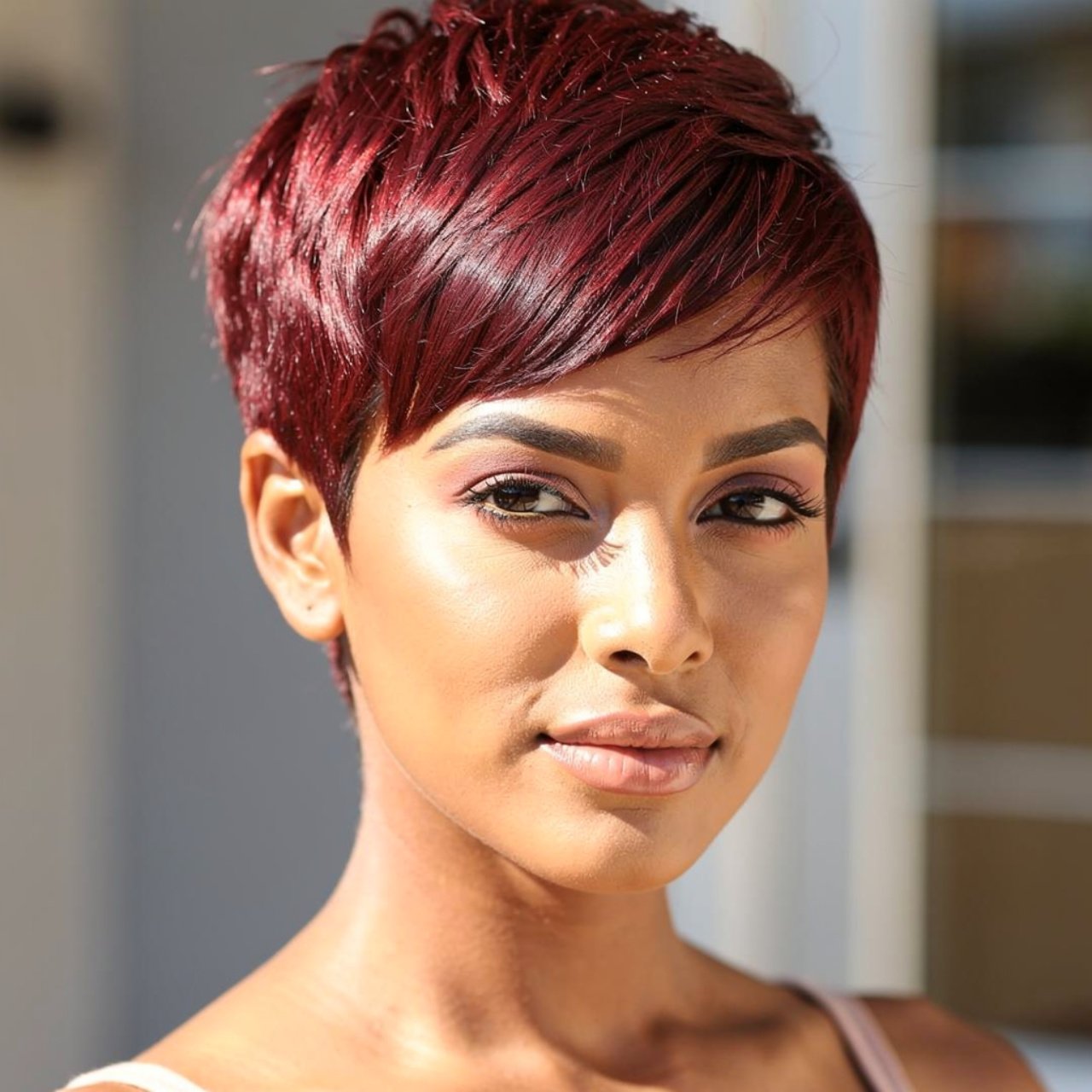 portrait of a woman with a stylish mahogany pixie