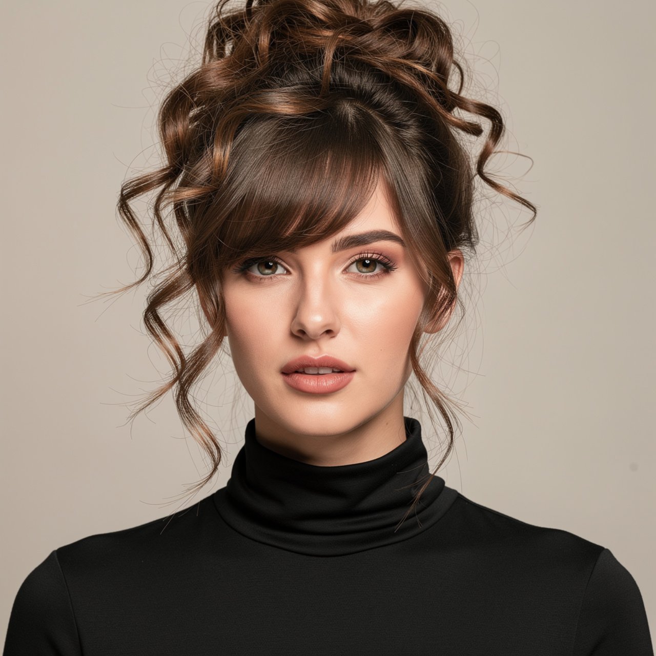 portrait of a woman with an easy curly messy bun a