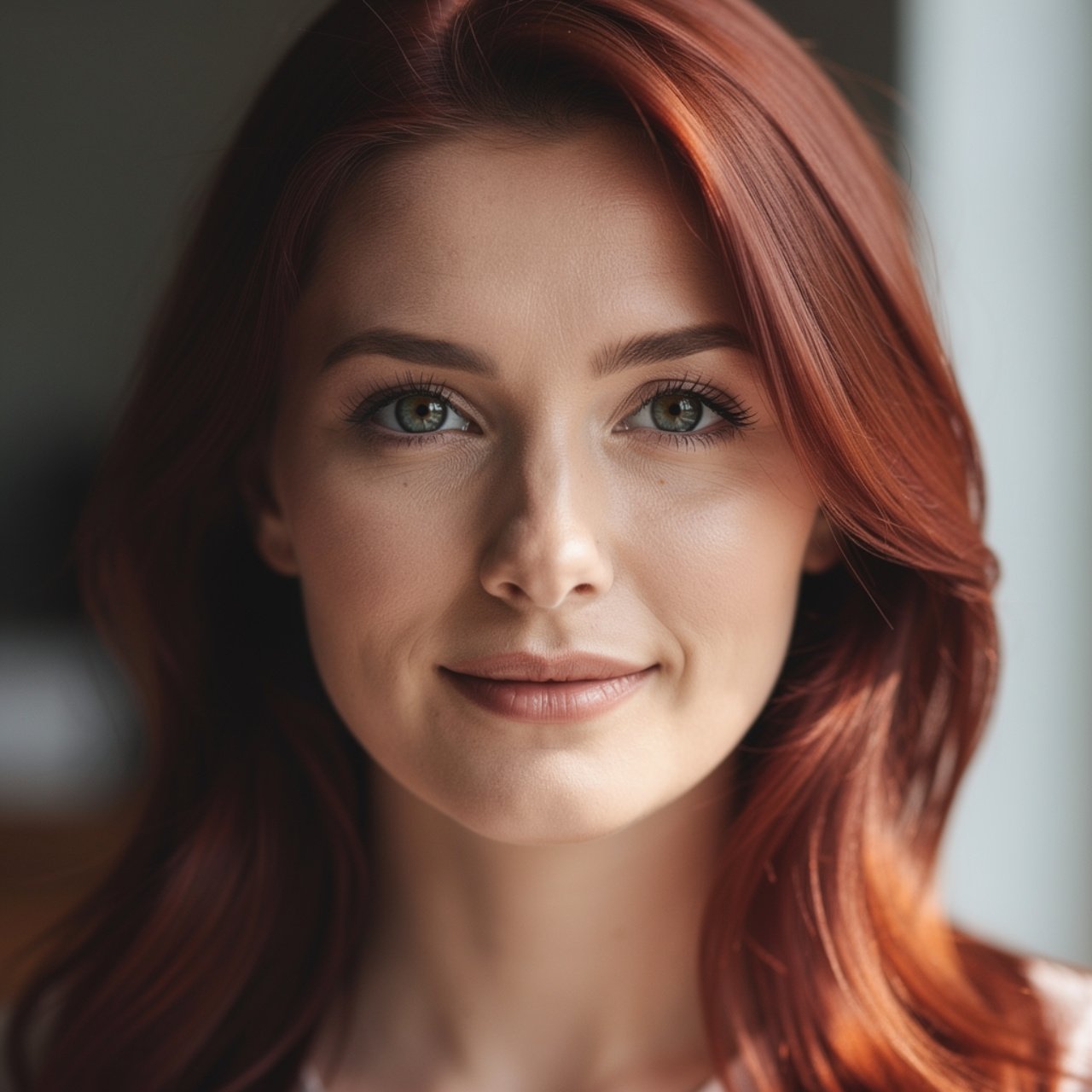 portrait of a woman with auburn brown red hair sho