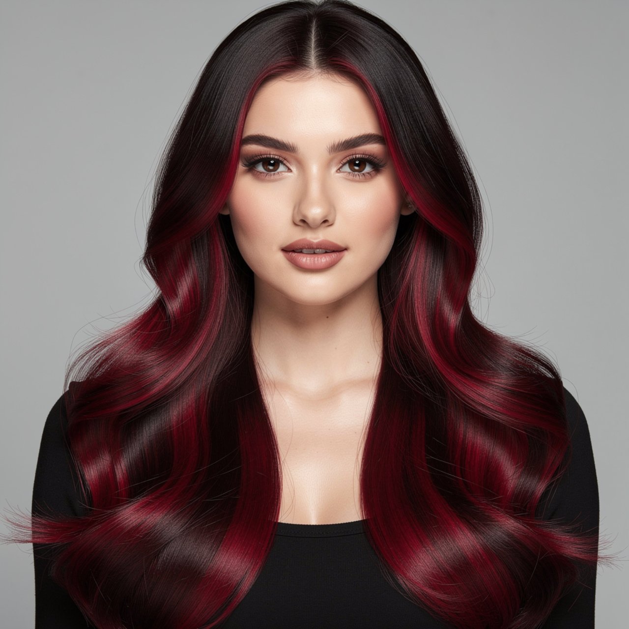 portrait of a woman with black cherry balayage hai