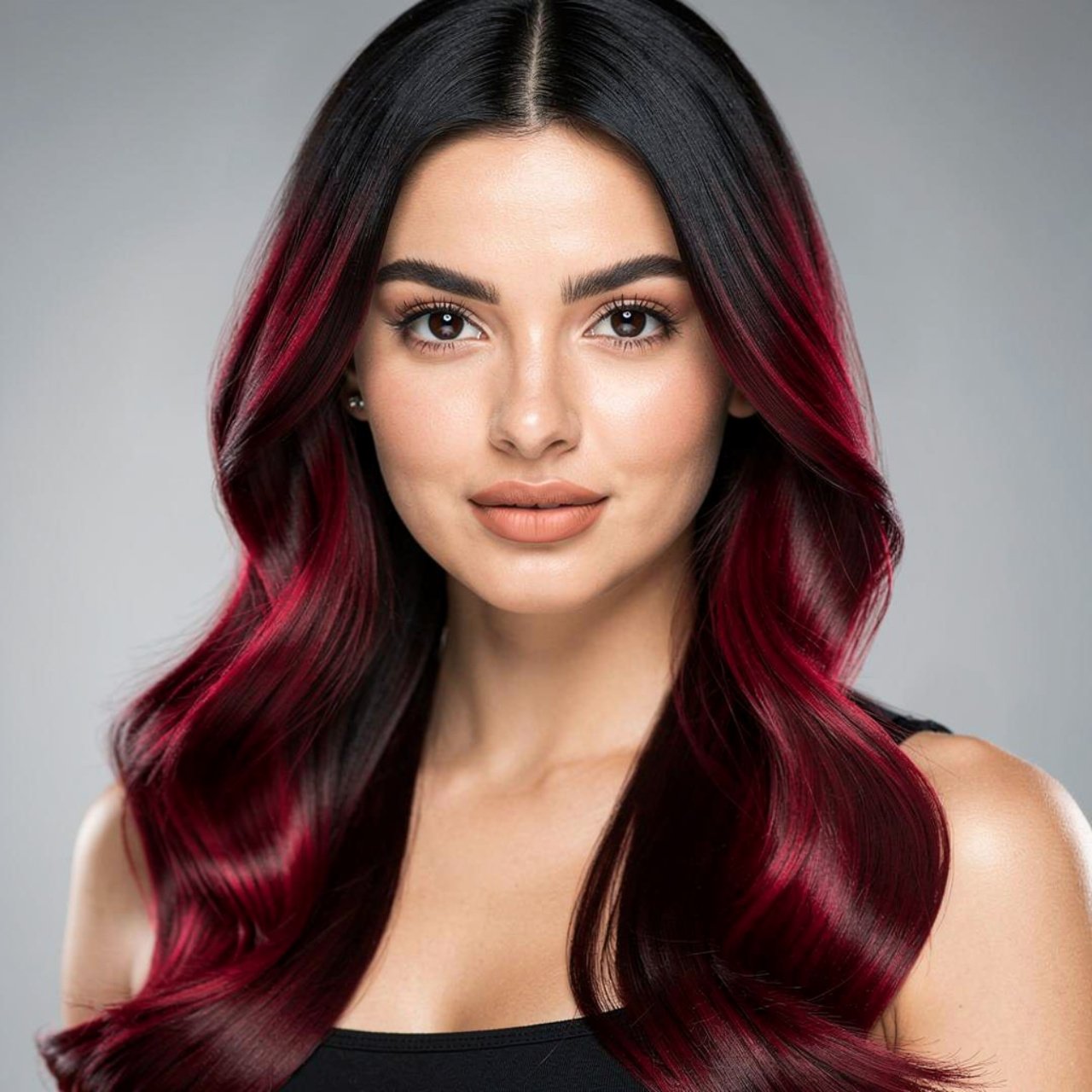 portrait of a woman with black cherry ombre hair c