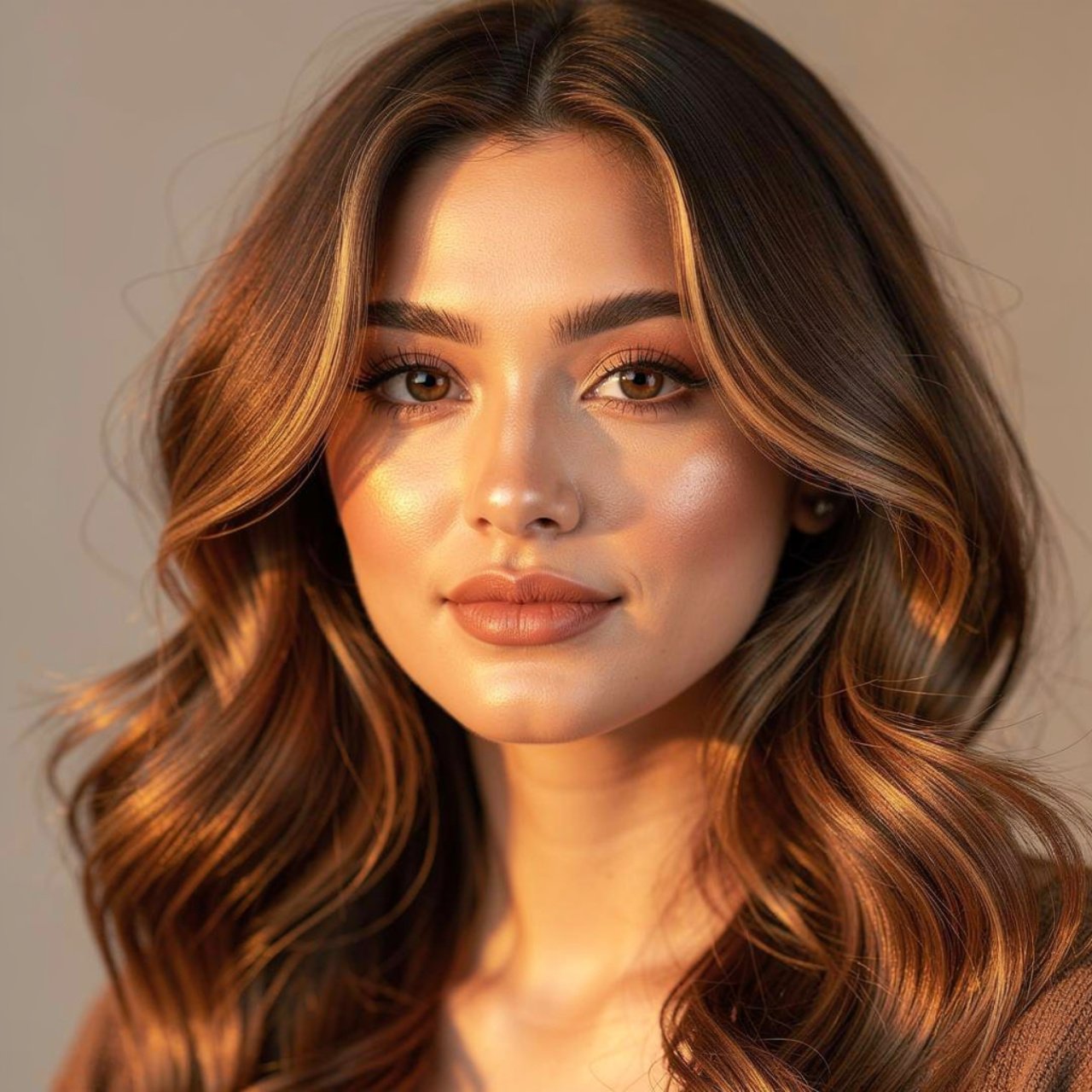 portrait of a woman with caramel balayage brown fa