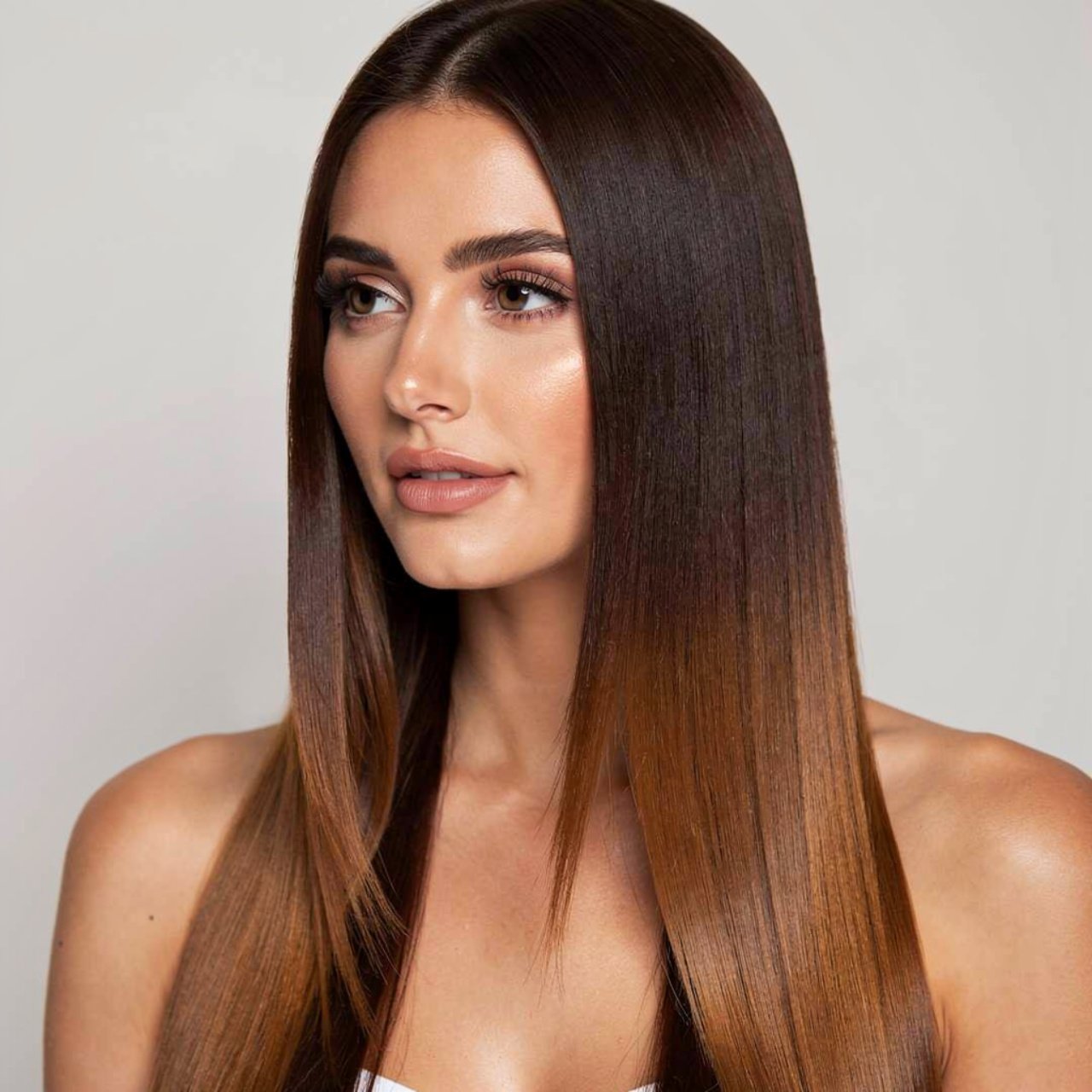 portrait of a woman with chocolate brown ombre hai
