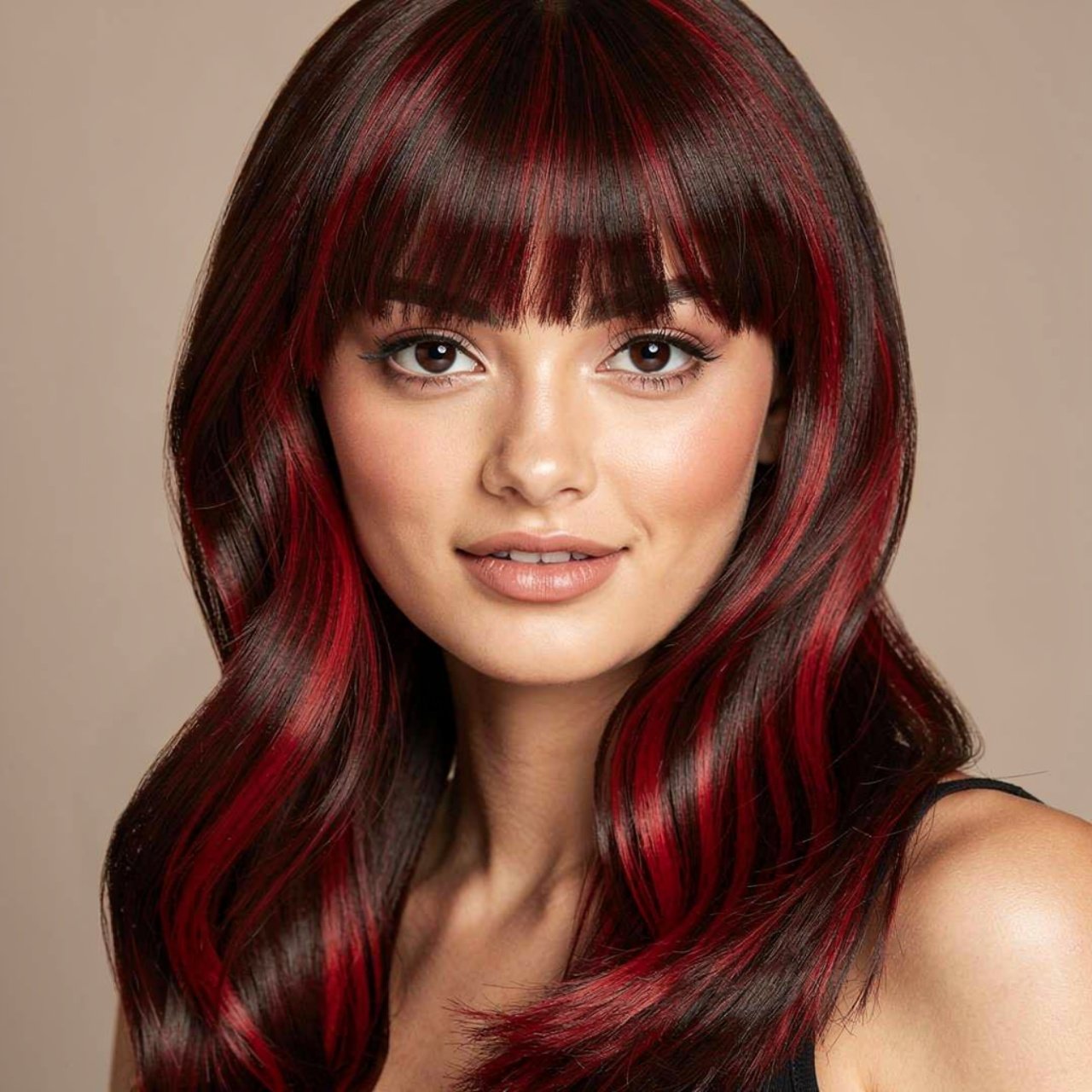 portrait of a woman with chocolate cherry hair col