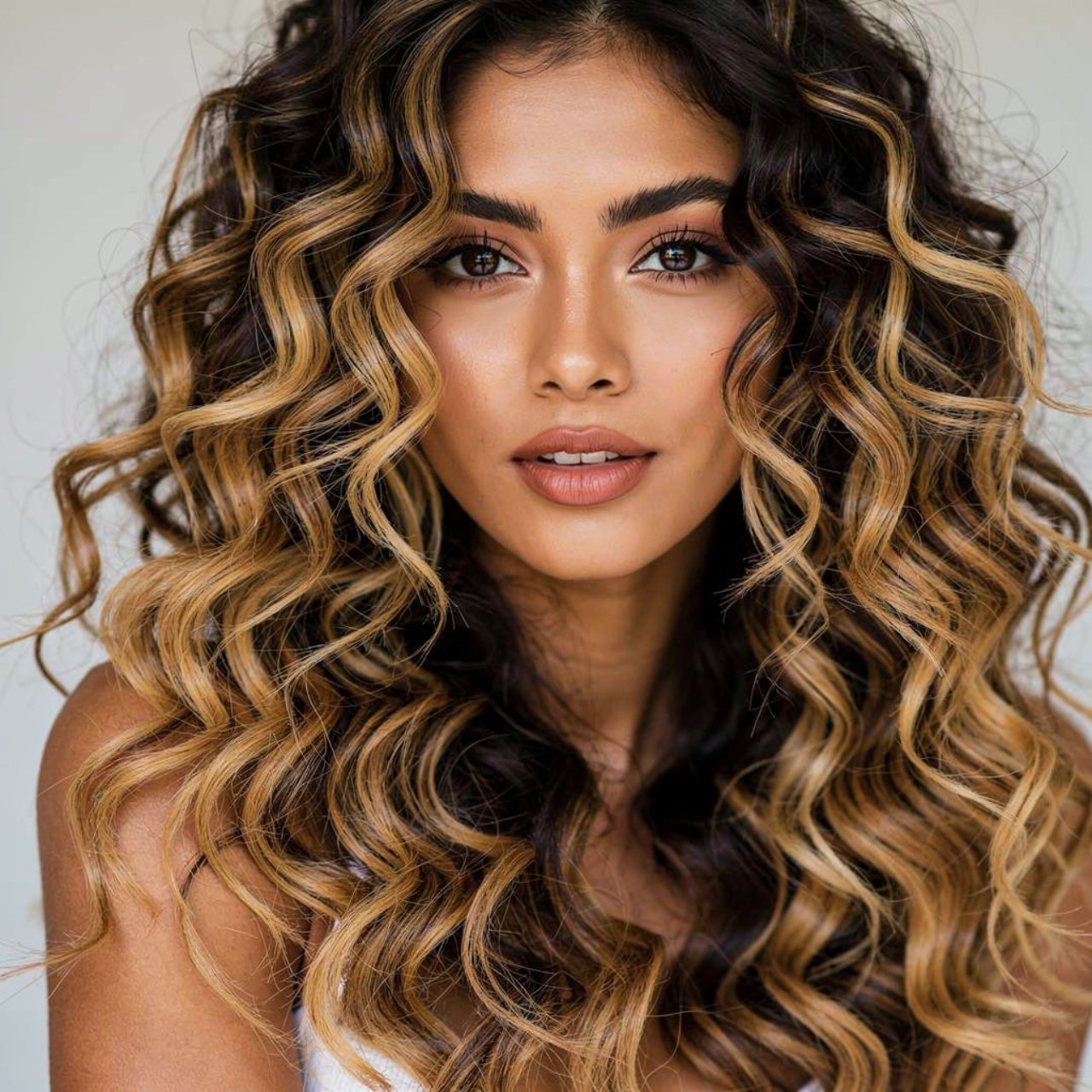 portrait of a woman with dark curly hair featuring