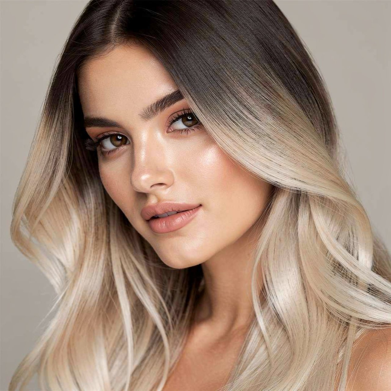 portrait of a woman with dark roots to platinum bl