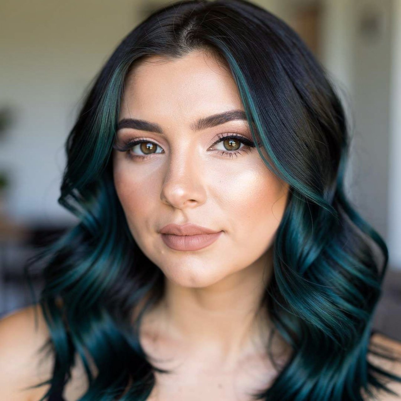 portrait of a woman with dark teal balayage hair c