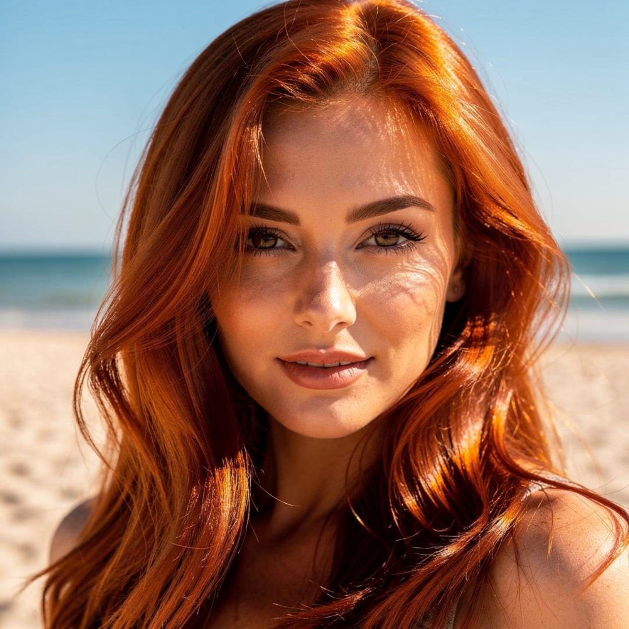 portrait of a woman with glossy copper summer hair
